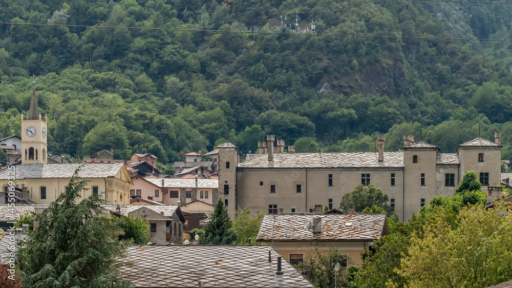 Panoramic view of the historic center of Issogne, Valle d'Aosta, Italy, where the castle is located