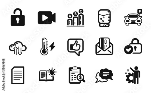 Vector set of Parking, Credit card and Video camera icons simple set. Lock, Verified locker and Graph chart icons. Like, Product knowledge and Electricity power signs. Vector