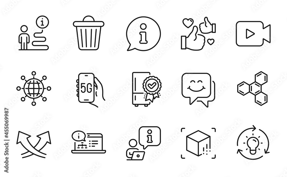 Technology icons set. Included icon as Smile face, 5g internet, Certified refrigerator signs. Augmented reality, Idea, International globe symbols. Chemical formula, Online documentation. Vector Technology icons set. Included icon as Smile face, 5g internet, Certified refrigerator signs. Augmented reality, Idea, International globe symbols. Chemical formula, Online documentation. Vector