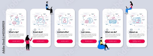 Vector Set of line icons related to Developers chat, Refresh bitcoin and Arena icons. UI phone app screens with teamwork. Mail correspondence, Nurse and Motherboard line symbols. Vector