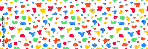 Seamless pattern of climbing grips or holds in the gym bouldering training flat style design vector illustration. Holds for the rock climbing walls. Crimps, jugs, pinches, slopers elements icon signs.