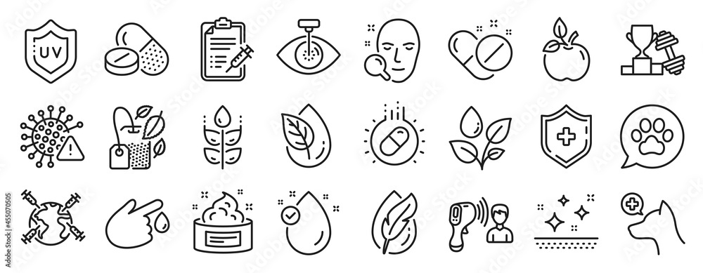 Set of Healthcare icons, such as Capsule pill, Medical shield, Covid virus icons. Vitamin e, Skin cream, Electronic thermometer signs. Plants watering, Pets care, Uv protection. Eco food. Vector Set of Healthcare icons, such as Capsule pill, Medical shield, Covid virus icons. Vitamin e, Skin cream, Electronic thermometer signs. Plants watering, Pets care, Uv protection. Eco food. Vector