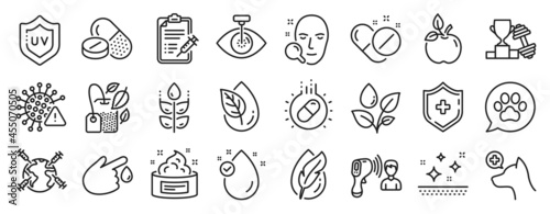 Set of Healthcare icons, such as Capsule pill, Medical shield, Covid virus icons. Vitamin e, Skin cream, Electronic thermometer signs. Plants watering, Pets care, Uv protection. Eco food. Vector