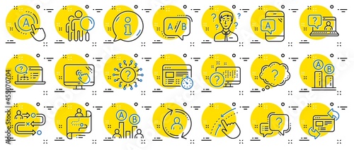 UX line icons. Set of AB testing, Journey path map and Question mark icons. Usability quiz test, Ux Ui and User flow. Project process, ab testing graph, survey test results. Quiz question. Vector