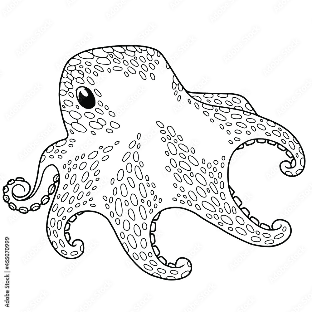 Cute cartoon octopus. Coloring page. Black outline. Isolated on white.  Stock Vector | Adobe Stock