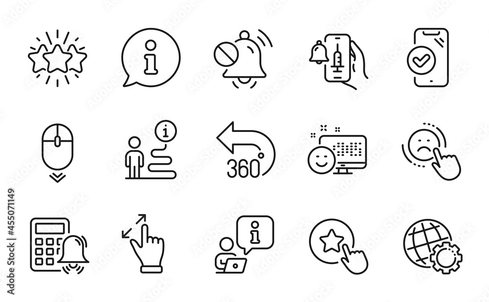 Technology icons set. Included icon as Globe, 360 degrees, Vaccine announcement signs. Calculator alarm, Scroll down, Smile symbols. Touchscreen gesture, Star, Approved phone. Loyalty star. Vector Technology icons set. Included icon as Globe, 360 degrees, Vaccine announcement signs. Calculator alarm, Scroll down, Smile symbols. Touchscreen gesture, Star, Approved phone. Loyalty star. Vector