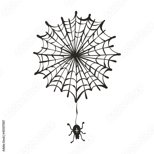 Spooky spider web with spider vector illustration for the holiday halloween. Isolated on white background, for design of cards, poster, banner. 