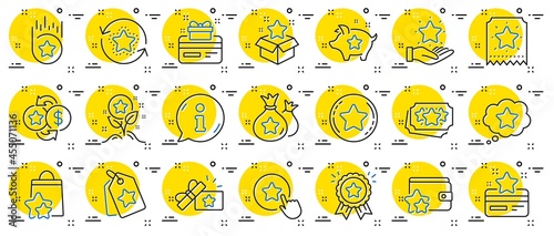 Loyalty program line icons. Bonus card, Redeem gift and discount coupon signs. Lottery ticket, Earn reward and winner gift icons. Shopping bag, loyalty card and lottery present. Vector