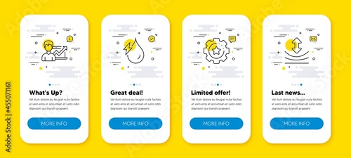 Vector set of Settings gear, Success business and Hydroelectricity line icons set. UI phone app screens with line icons. Resilience icon. Technology process, Growth chart, Hydroelectric energy. Vector