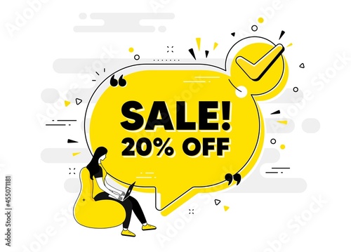 Sale 20 percent off discount. Check mark chat bubble banner with people. Promotion price offer sign. Retail badge symbol. Sale approved chat message. Checklist user background. Vector