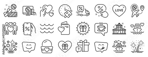 Set of Holidays icons  such as Puzzle time  Honeymoon cruise  Love couple icons. Sale  Fireworks stars  Love document signs. Waves  Ice cream  Hold heart. Coffee  Yummy smile  Flight sale. Vector
