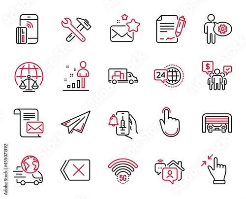 Vector Set of Technology icons related to Remove, Spanner tool and Truck transport icons. Paper plane, Stats and Work home signs. Magistrates court, Teamwork and Mail letter. Hand click. Vector