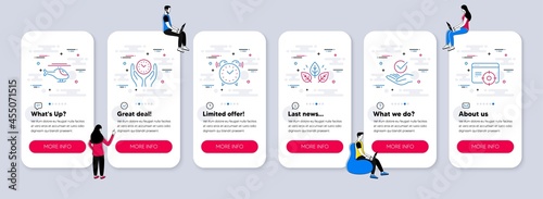 Vector Set of line icons related to Alarm clock, Helicopter and Safe time icons. UI phone app screens with teamwork. Approved, Organic tested and Seo targeting line symbols. Vector