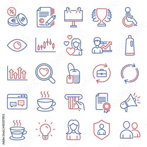 Line icons set. Included icon as Eye, Disabled, Road banner signs. Megaphone, Candlestick graph, Currency exchange symbols. Human resources, Winner, Security. Certificate, Users, Tea bag. Vector