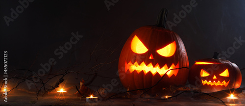 Halloween scary pumpkins with candles