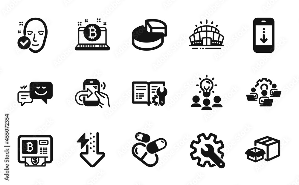 Vector set of Customisation, Share call and Pie chart icons simple set. Happy emotion, Engineering documentation and Energy drops icons. Scroll down, Bitcoin atm and Business idea signs. Vector