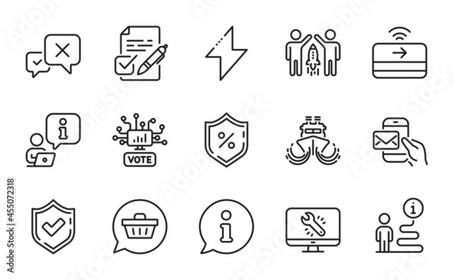 Technology icons set. Included icon as Online voting, Contactless payment, Energy signs. Ship, Shopping cart, Voting ballot symbols. Confirmed, Monitor repair, Reject. Messenger mail. Vector