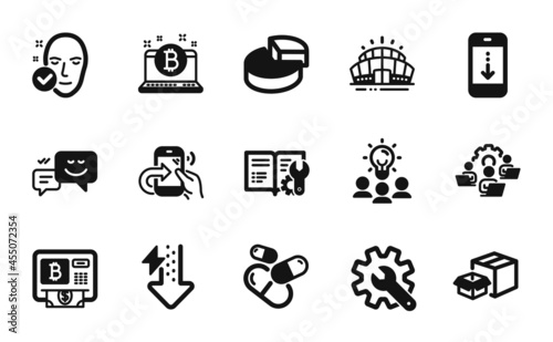 Vector set of Customisation, Share call and Pie chart icons simple set. Happy emotion, Engineering documentation and Energy drops icons. Scroll down, Bitcoin atm and Business idea signs. Vector