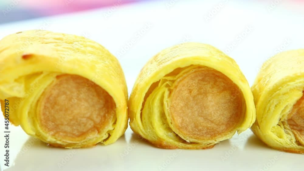 Close up danish pastry with sausage, in door Chiangmai Thailand Close up danish pastry with sausage, in door Chiangmai Thailand
