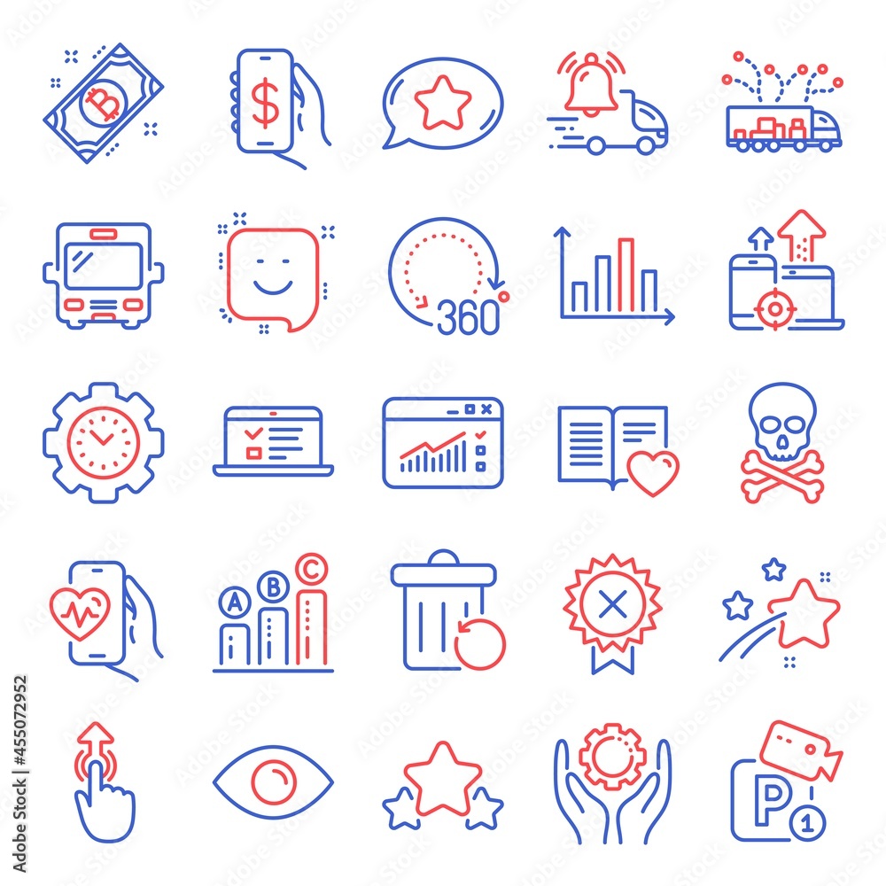 Technology icons set. Included icon as Time management, Truck delivery, Bus signs. Love book, Graph chart, Web lectures symbols. Cardio training, Seo devices, Swipe up. Falling star, Stars. Vector Technology icons set. Included icon as Time management, Truck delivery, Bus signs. Love book, Graph chart, Web lectures symbols. Cardio training, Seo devices, Swipe up. Falling star, Stars. Vector