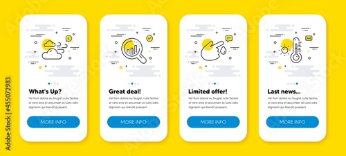 Vector set of Blood donation, Windy weather and Seo analysis line icons set. UI phone app screens with line icons. Weather thermometer icon. Injury, Cloud wind, Targeting chart. Vector