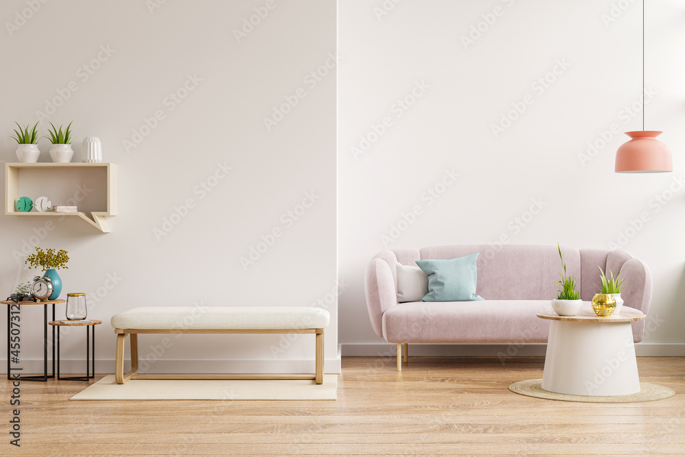 Interior wall mockup with sofa and cabinet in living room with empty white wall background.