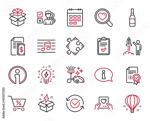 Vector Set of line icons related to Inspiration, Vacuum cleaner and Air balloon icons. Search love, Beer bottle and Love mail signs. Approved, Launch project and Packing boxes. Payment. Vector