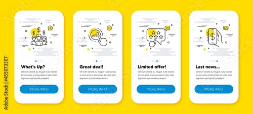 Vector set of Ranking star, Salary employees and Graph chart line icons set. UI phone app screens with line icons. Money app icon. Click rank, People earnings, Get report. Smartphone cash. Vector