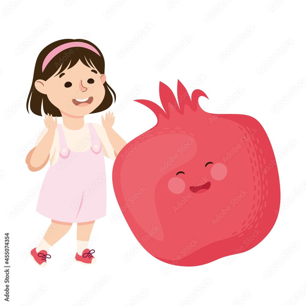 Happy Girl with Big Pomegranate Fruit with Cheerful Smiley Vector Illustration Happy Girl with Big Pomegranate Fruit with Cheerful Smiley Vector Illustration