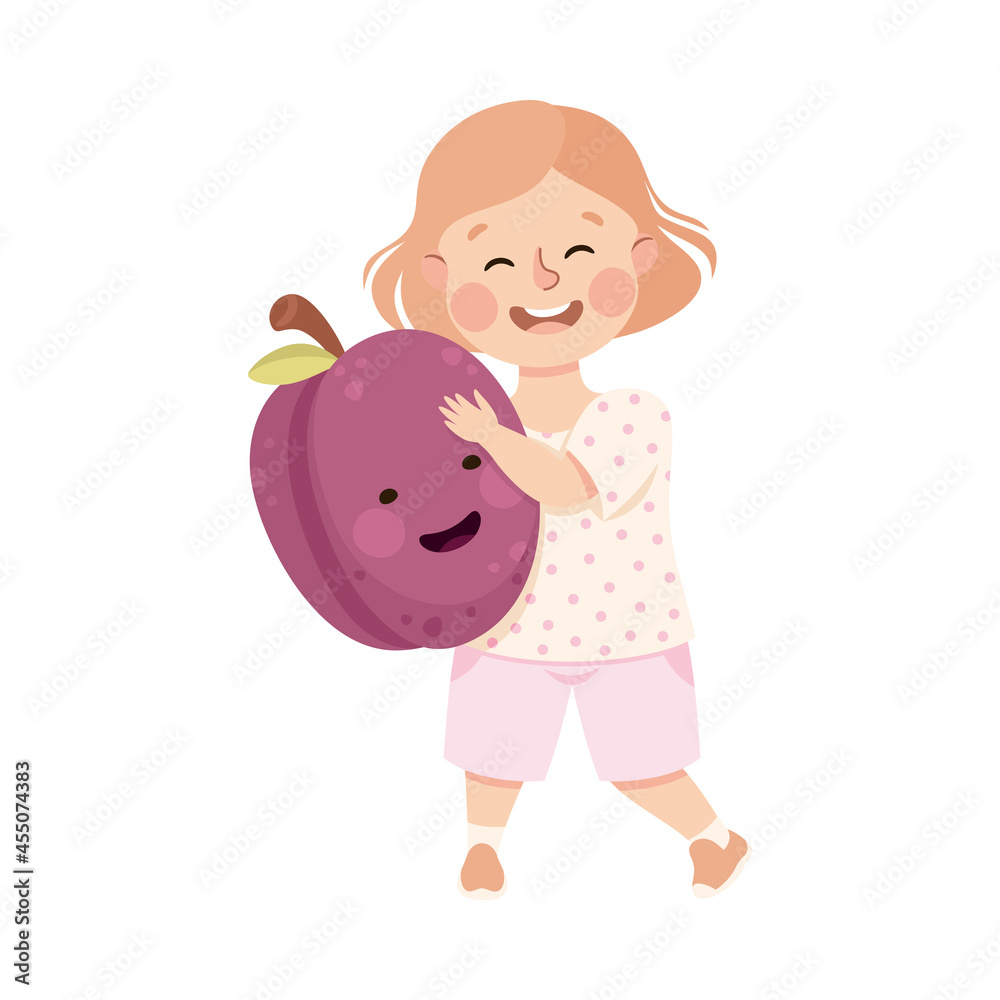 Happy Girl with Big Plum Fruit with Cheerful Smiley Vector Illustration