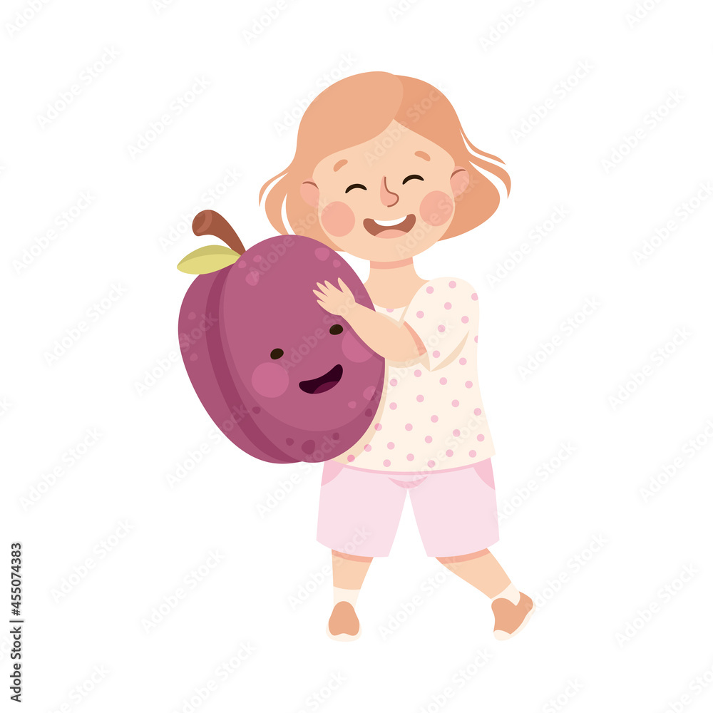 Happy Girl with Big Plum Fruit with Cheerful Smiley Vector Illustration Happy Girl with Big Plum Fruit with Cheerful Smiley Vector Illustration