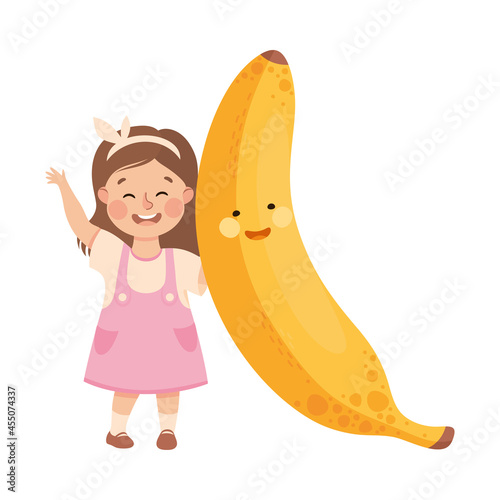 Happy Girl with Big Banana Fruit with Cheerful Smiley Vector Illustration