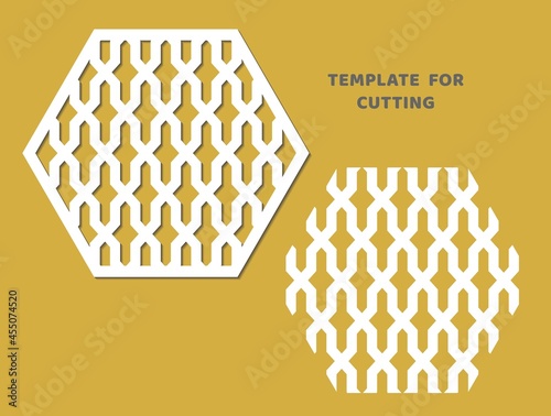 Template for laser cutting, wood carving, paper cut. Pentagon pattern for cutting. Decorative panel vector stencil.