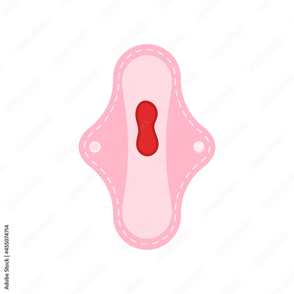 Reusable pad with menstruation blood isolated on white background. Female menstrual blood flow loss on sanitary cloth pads. Flat design vector feminine hygiene concept illustration. Reusable pad with menstruation blood isolated on white background. Female menstrual blood flow loss on sanitary cloth pads. Flat design vector feminine hygiene concept illustration.
