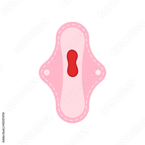 Reusable pad with menstruation blood isolated on white background. Female menstrual blood flow loss on sanitary cloth pads. Flat design vector feminine hygiene concept illustration.