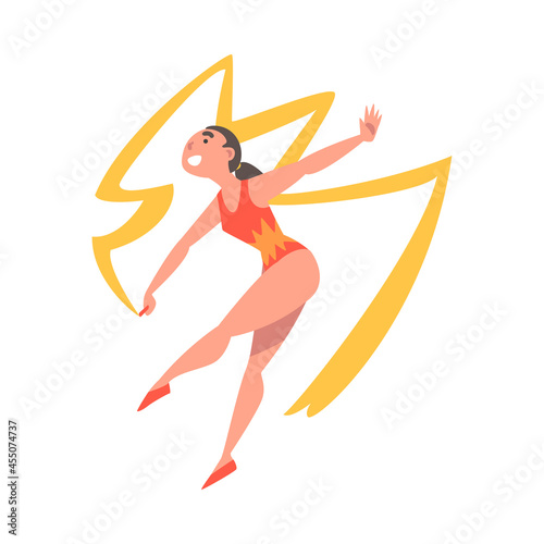 Woman Gymnast as Circus Artist Character with Ribbon Performing on Stage or Arena Vector Illustration