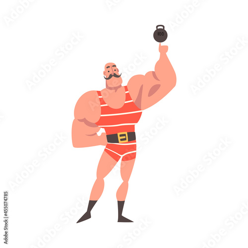 Mustached Strongman Lifting Kettlebell with Finger as Circus Artist Character Performing on Stage or Arena Vector Illustration