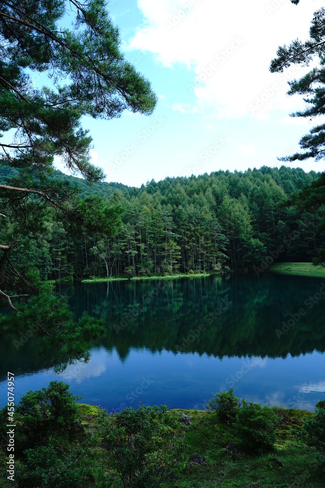 Fototapeta premium A scenic pond in the mountains at an altitude of 1,500 m in Nagano Japan.