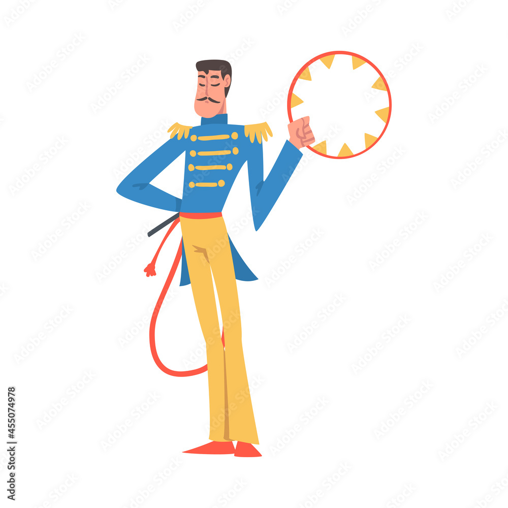 Man Animal Tamer or Handler with Whip and Circle as Circus Artist Character Performing on Stage or Arena Vector Illustration