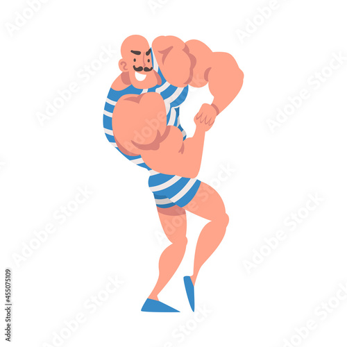 Mustached Strongman in Tight Costume Posing as Circus Artist Character Performing on Stage or Arena Vector Illustration