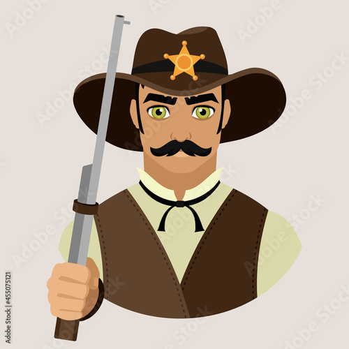 Avatar of a man in a cowboy hat, leather vest holds a rifle barrel in his hand. Sheriff of the wild west. Flat vector illustration.