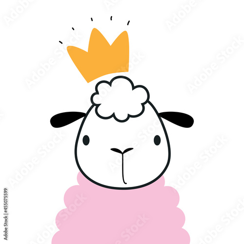 Cute Sheep as Farm Animal Wearing Gold Crown Vector Illustration © topvectors