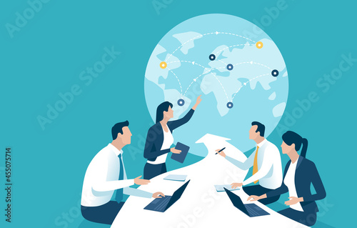 Global trade, investing. The business team sits at a table in the shape of an arrow pointing to a globe. Business vector illustration. 