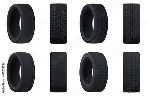 Set of car tires with different treads. Summer, winter, off-road tires.