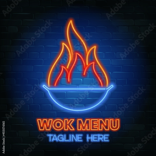 Wok Menu neon sign on a brick wall background. Stock vector illustration.