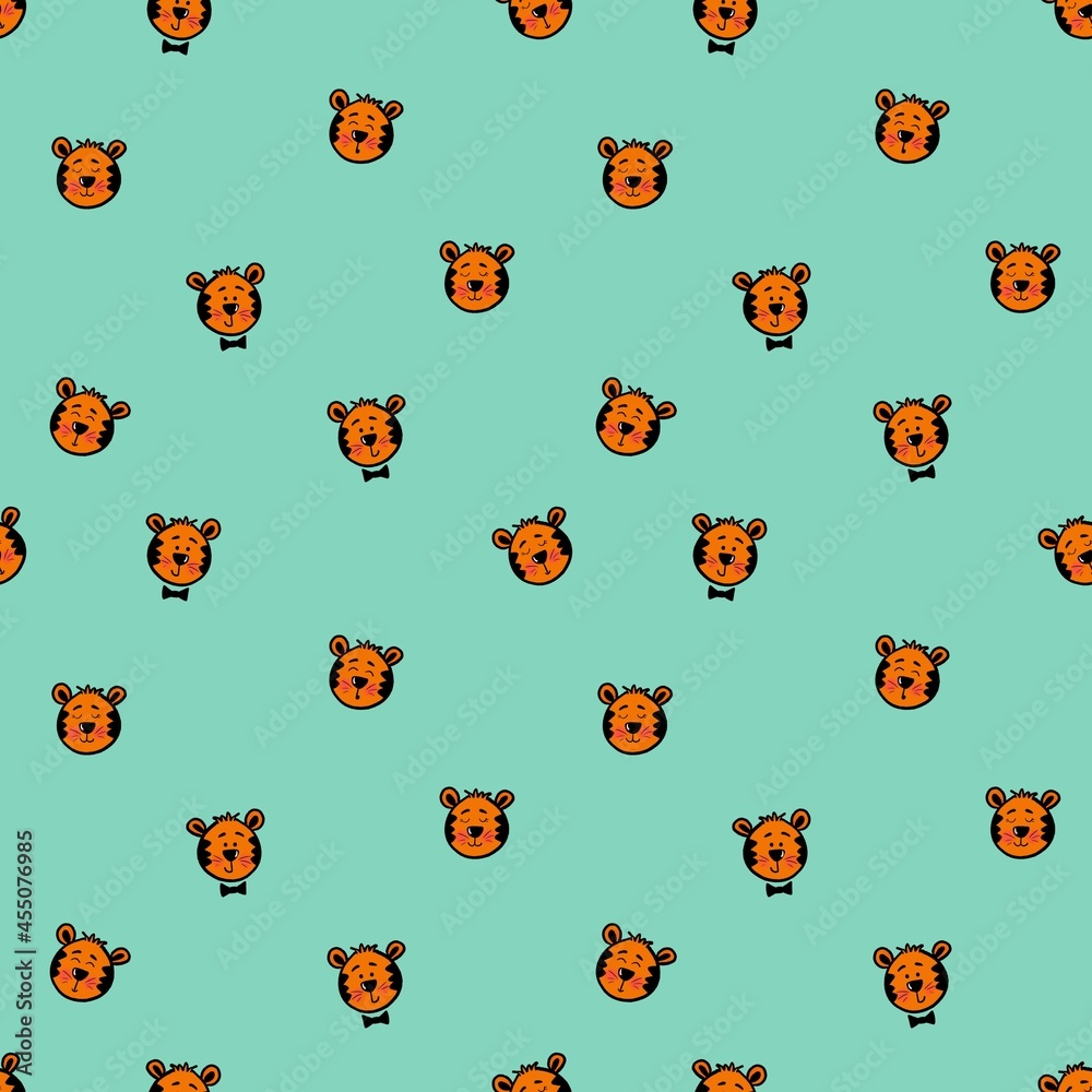 Fototapeta premium Seamless pattern with cute tiger cubs. Design for children's clothing, fabrics and other items. The illustration is hand-drawn with live lines in the kartun style.