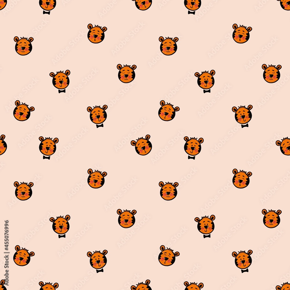 Seamless pattern with cute tiger cubs. Design for children's clothing, fabrics and other items. The illustration is hand-drawn with live lines in the kartun style. Seamless pattern with cute tiger cubs. Design for children's clothing, fabrics and other items. The illustration is hand-drawn with live lines in the kartun style.