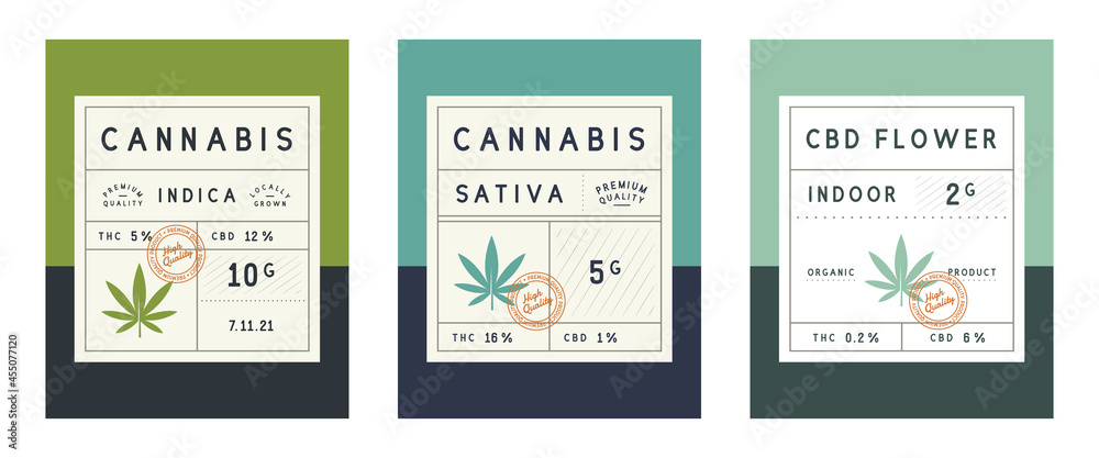 Set of Vintage Cannabis labels. Cannabis, marijuana packaging design. Cannabis Sativa, Indica, CBD flower. Vintage old labels design. Vector illustration - obrazy, fototapety, plakaty 