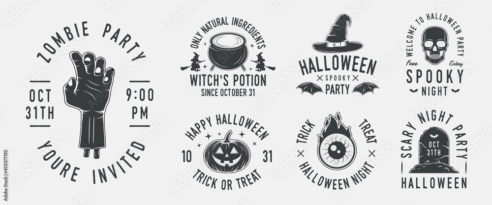 Vintage Halloween logo set. Set of 7 halloween logo templates. Halloween Party emblems. Scary logos for Halloween. Trendy vintage hipster design. Vector illustration