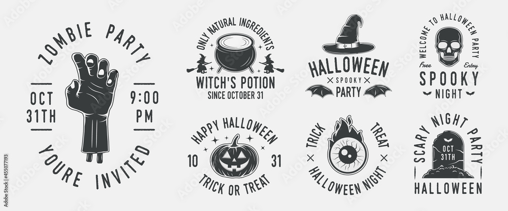 Obraz premium Vintage Halloween logo set. Set of 7 halloween logo templates. Halloween Party emblems. Scary logos for Halloween. Trendy vintage hipster design. Vector illustration